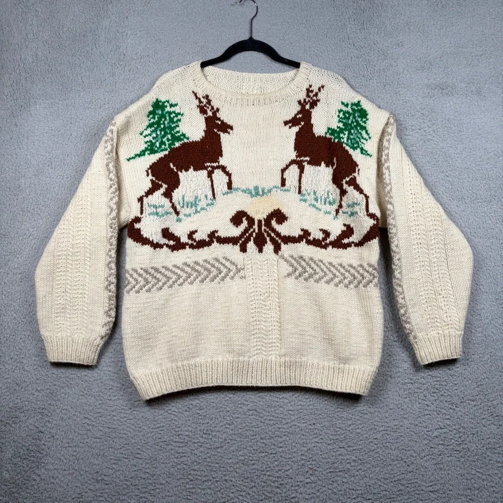 VTG Cowichan Style Hand Knit Wool Sweater Deer Buck Reindeer Mens XL‎ Grandpa